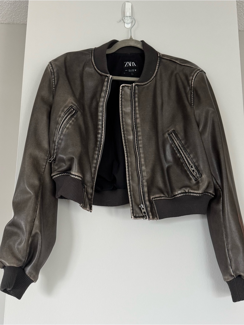 Zara Metallic Chocolate Brown Cropped Bomber Jacket